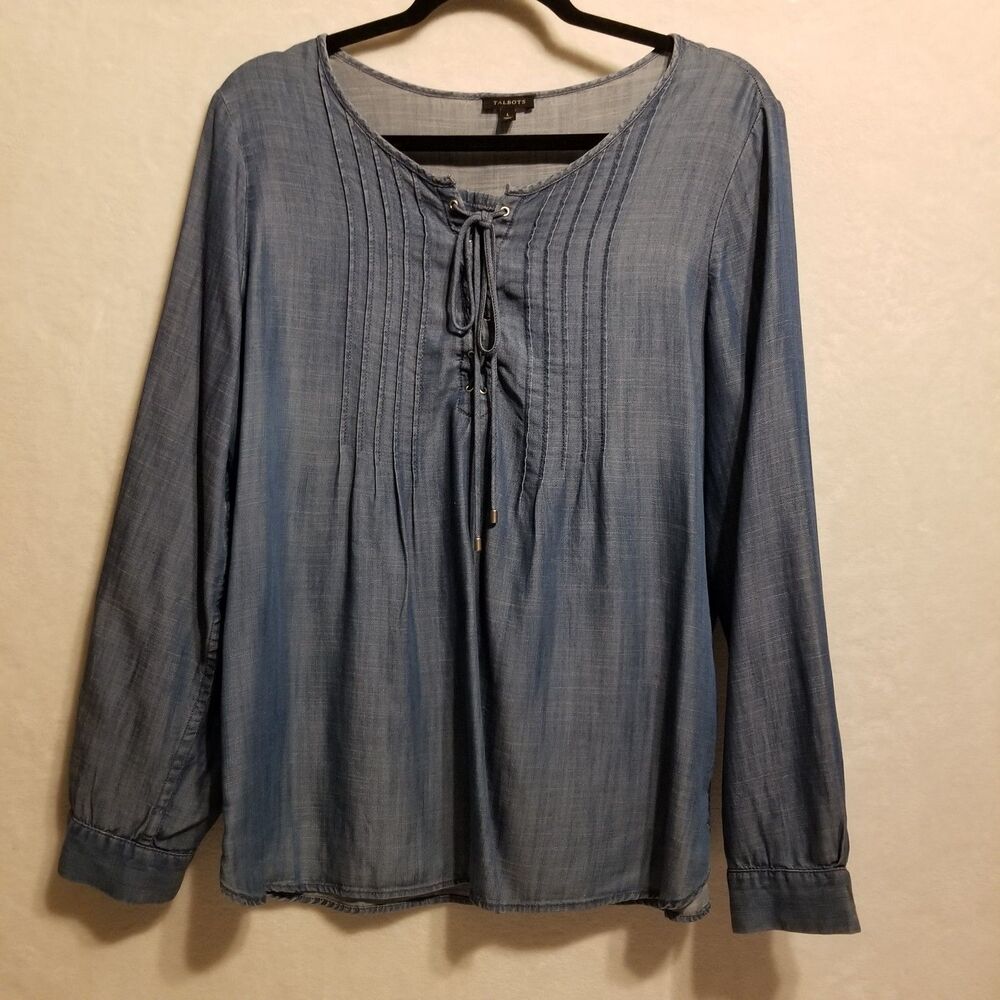 Talbots L Top Chambray Pintuck Pleats Blue Tencel Peasant Boho Coastal Lagenlook